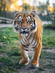 Obraz premium A tiger walking on a path in a zoo or safari park, captured during the daytime with clear skies.