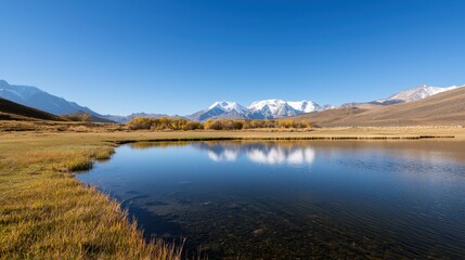 A serene landscape featuring a calm lake reflecting snow-capped mountains under a clear blue sky, surrounded by lush grassy terrain.