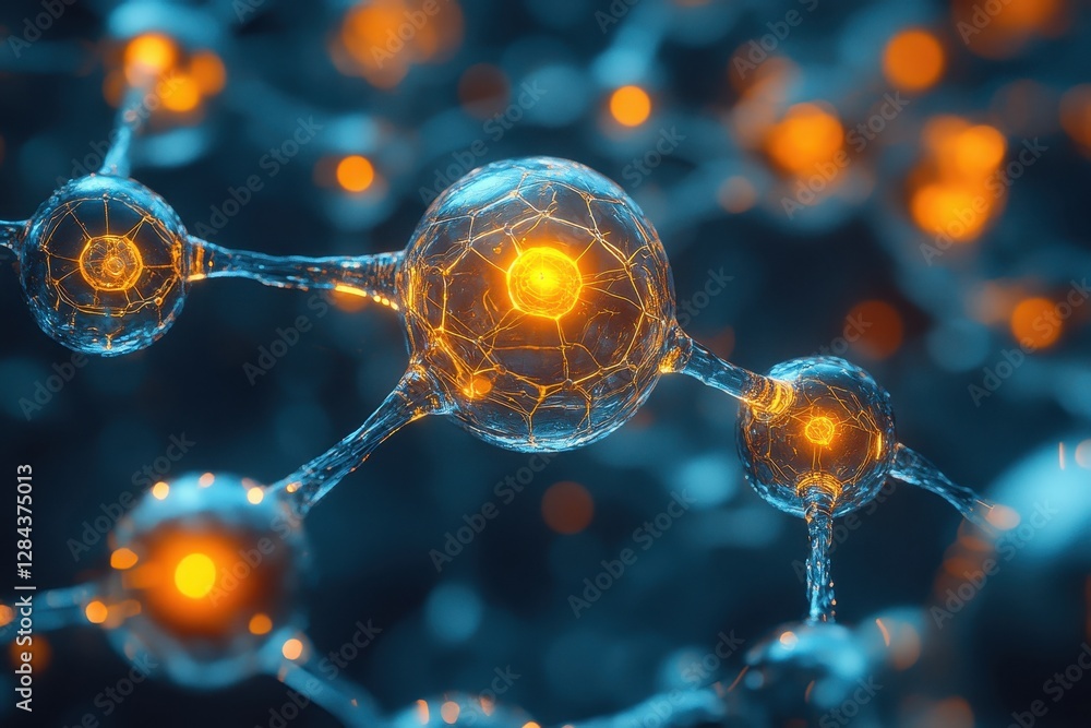 Poster understanding molecular structures with illuminated atoms and intricate connections in a dark enviro