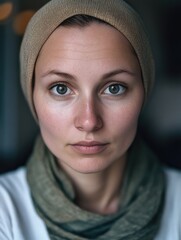 Fashionable, young woman wearing headscarf, looking directly at camera.