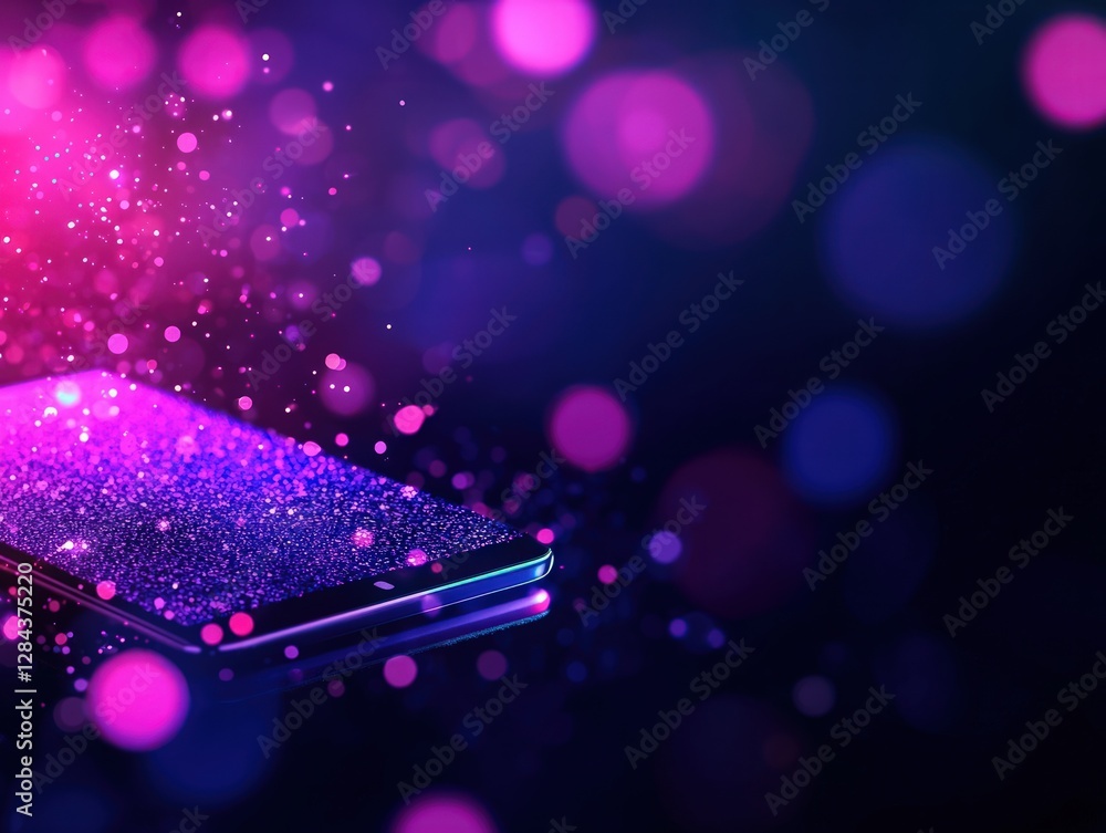 Poster abstract smartphone surrounded by colorful glowing particles and sparkling bokeh effects