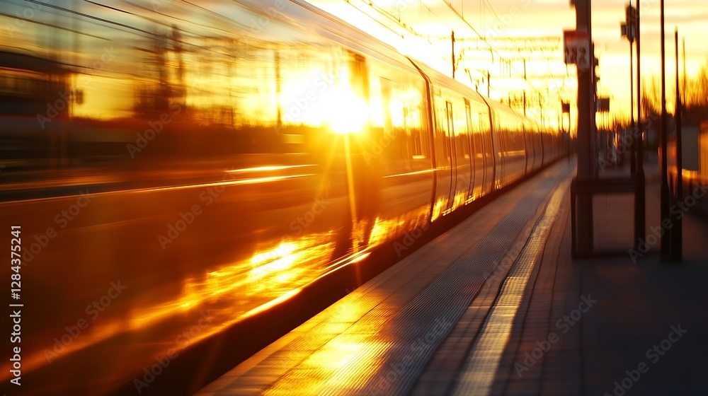 Poster dynamic sunset view of a speeding train captured at a railway station with bright reflections on met