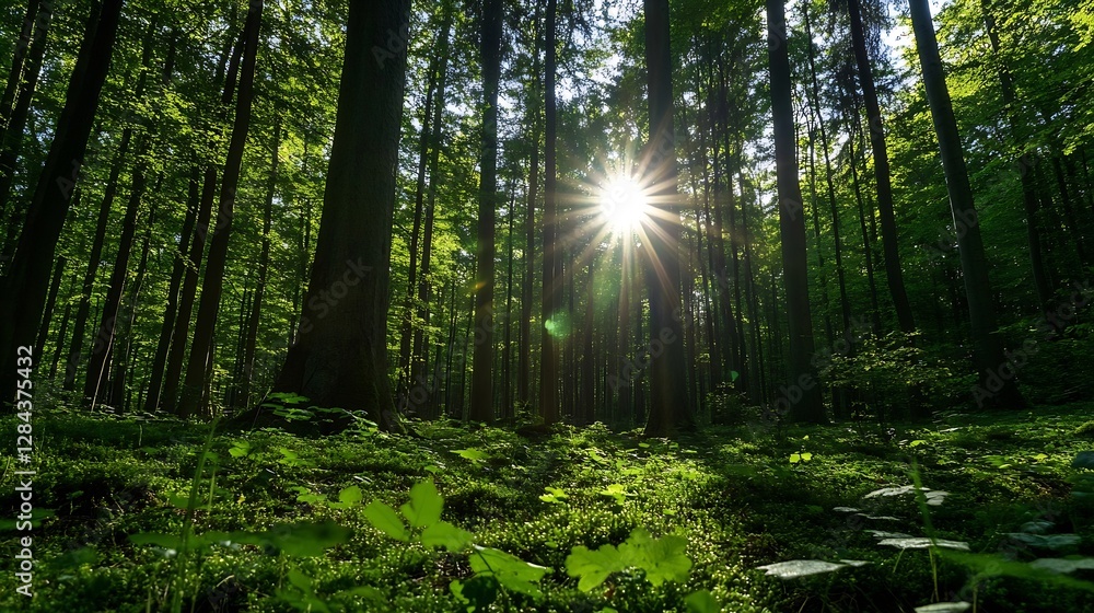 Leinwandbilder sunlight streaming through dense forest trees creating a magical atmosphere : generative ai