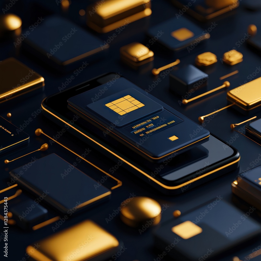 Poster abstract digital layout of smartphone and geometric elements in gold and black color scheme