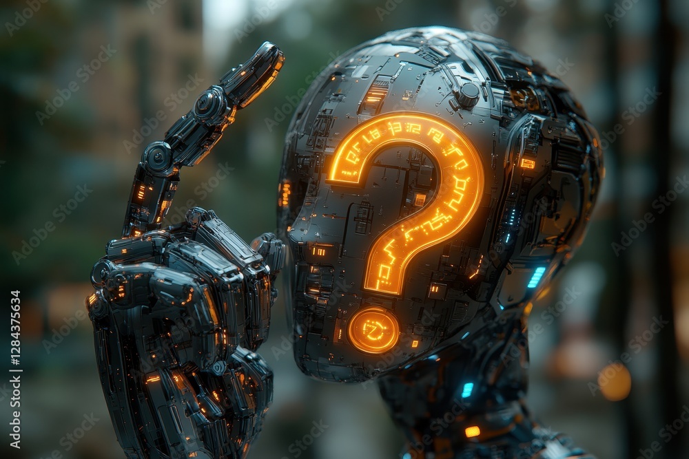 Poster robot with illuminated question mark pondering in a modern urban setting during twilight