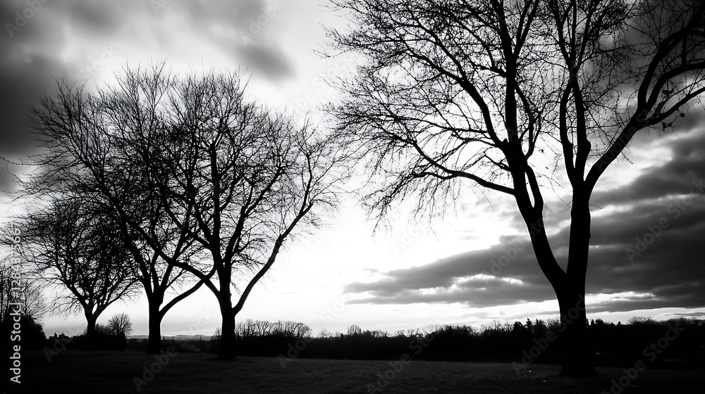 Poster dramatic black and white landscape featuring bare trees against a cloudy sky evoking solitude and re