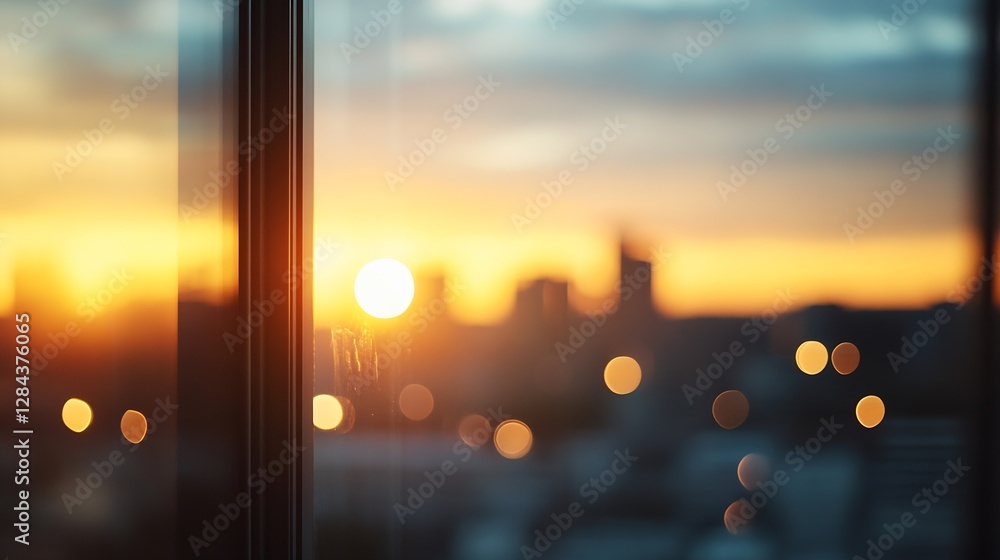 Aufkleber beautiful sunset overlooking a city skyline with warm tones and a bokeh effect : generative ai