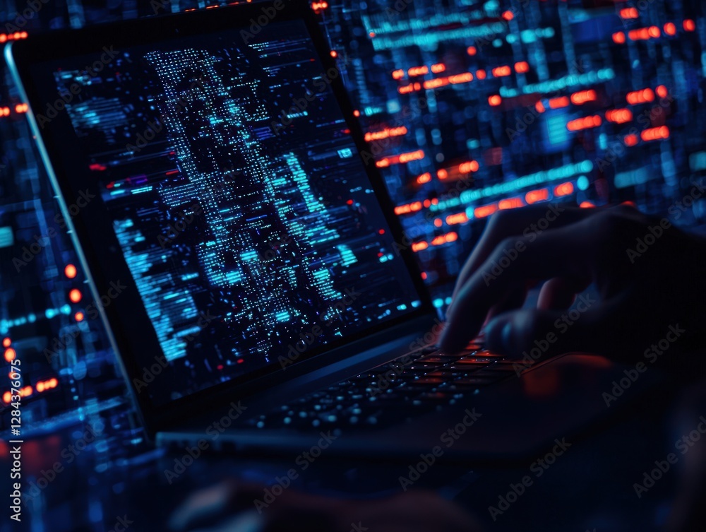 Poster close-up of hands typing on a laptop with glowing data visualization in a dark environment