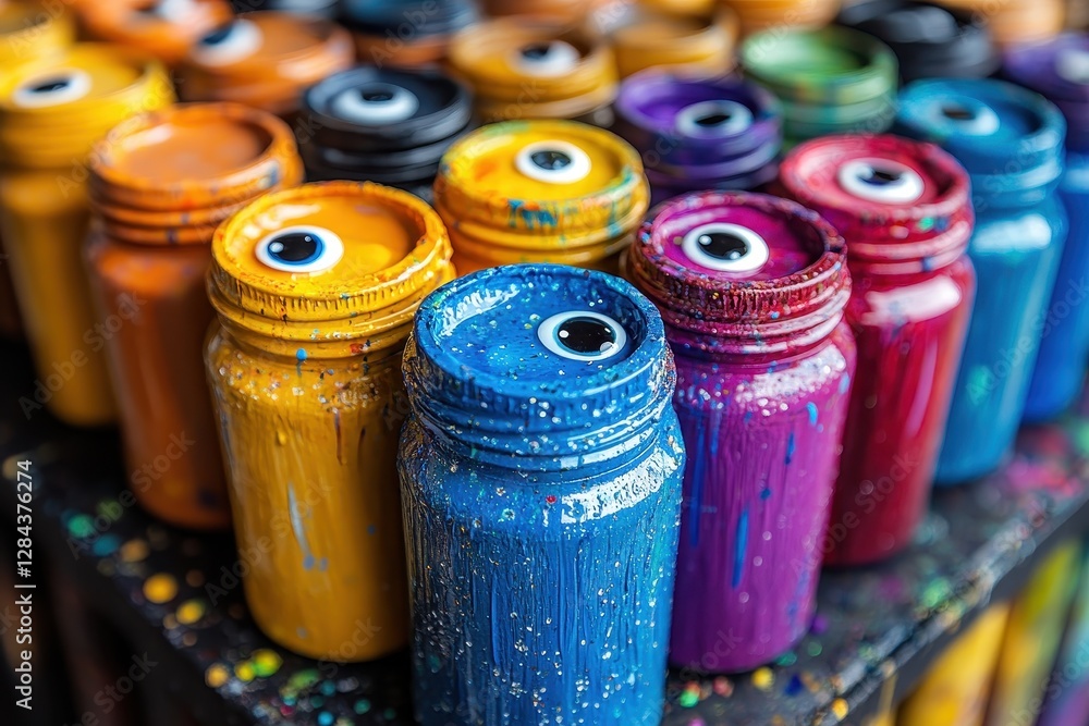 Poster vibrant collection of paint jars displaying a spectrum of colors in a creative studio environment du