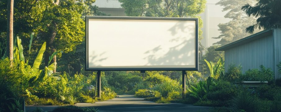 Blank outdoor billboard in lush green park setting with trees and sunlight