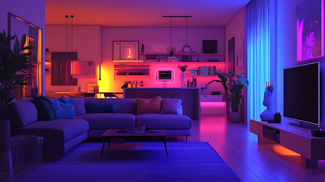 A realistic animation of a hyper-connected smart home where voice-controlled AI manages lighting, temperature, and security in real-time 