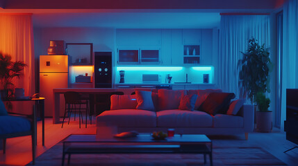 A realistic animation of a hyper-connected smart home where voice-controlled AI manages lighting, temperature, and security in real-time 