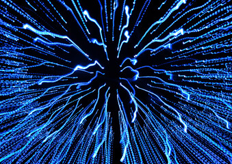 Abstract glowing background showing motion blurred neon light curves in blue