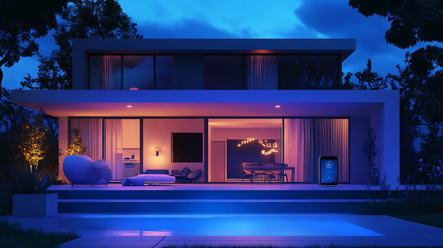 A realistic animation of a hyper-connected smart home where voice-controlled AI manages lighting, temperature, and security in real-time 