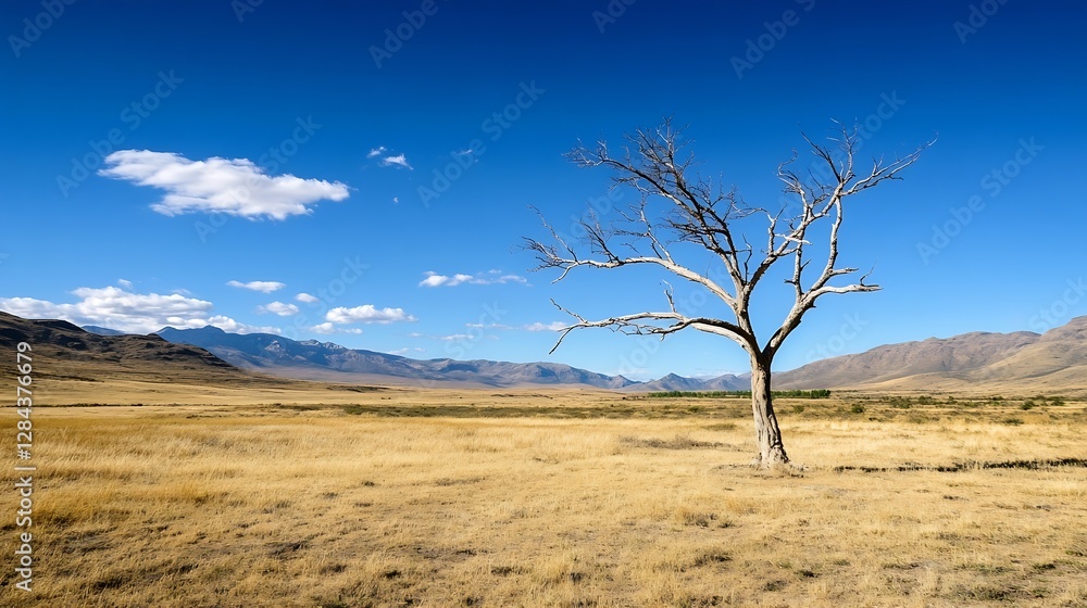 Poster lonely leafless tree in vast grassland under clear blue sky creating a serene landscape : generative
