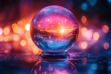 Magical crystal ball reflecting colorful lights and cosmic scenery at nighttime