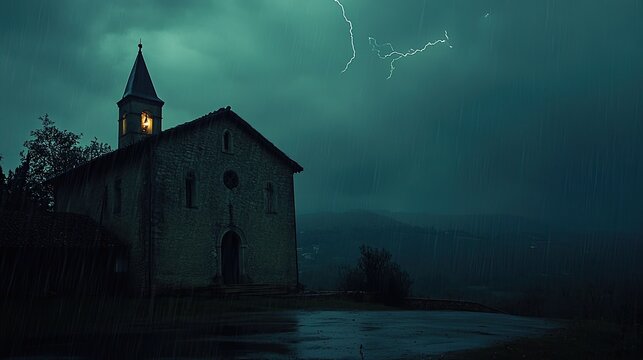 An old castil that is reminiscent of the night with lightning and rain falling
