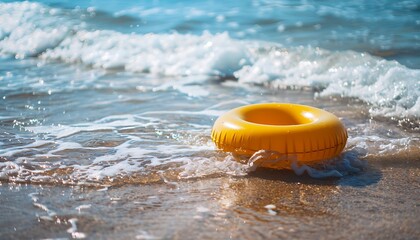 Naklejka premium Red lifebuoy on the beach with splashes of water.