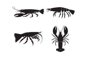 A set of black silhouette illustrations showcasing different crustaceans, including crabs and lobsters, in a balanced composition. Each silhouette emphasizes unique features like claws, legs.