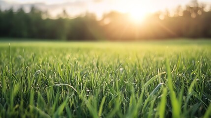 Closeup of lush green grass illuminated by warm golden sunlight during a peaceful evening : Generative AI