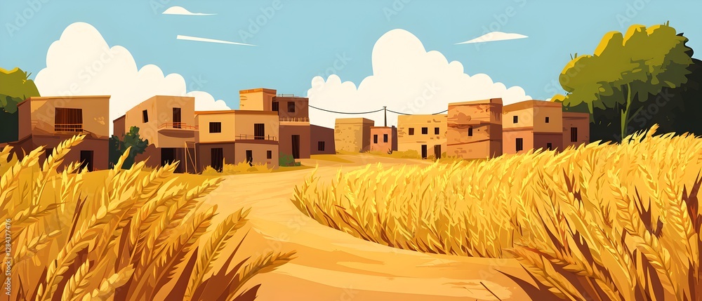 Poster a field of wheat with a row of houses in the background