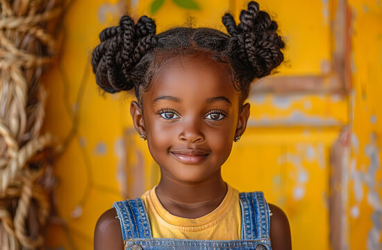 Young girl with braided hair and a yellow shirt is smiling. She is wearing blue overalls and has a blue shirt on
