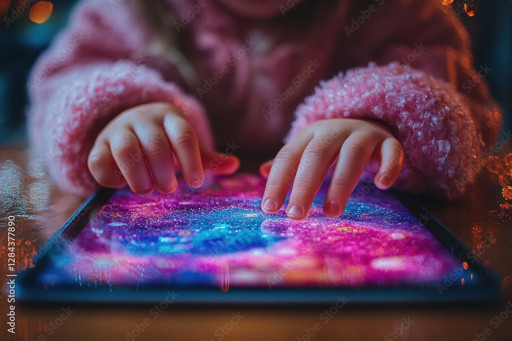 Poster child exploring colorful digital patterns on a tablet in a cozy indoor setting during the evening