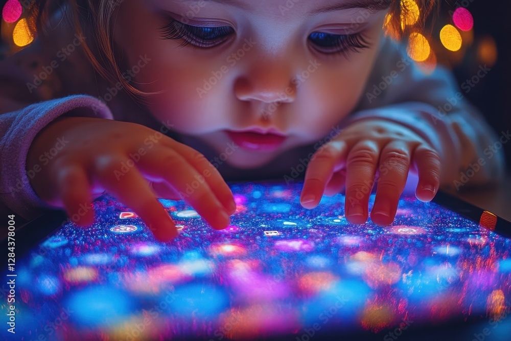 Poster child explores colorful app on tablet with wonder while surrounded by soft glowing lights at home