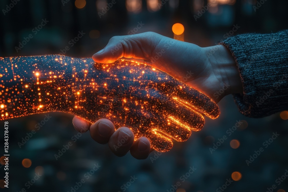 Poster digital handshakes symbolizing unity between technology and humanity in a forest setting at dusk