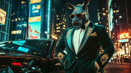 A rhinoceros wearing a luxurious velvet tuxedo and sunglasses, standing confidently in front of a limousine in an urban nightlife setting, showcasing a stylish and extravagant lifestyle.