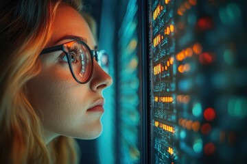Young woman in glasses studies illuminated data server in a dimly lit room at night