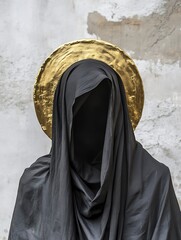 Mysterious figure cloaked in black robe with gold halo against a textured wall : Generative AI