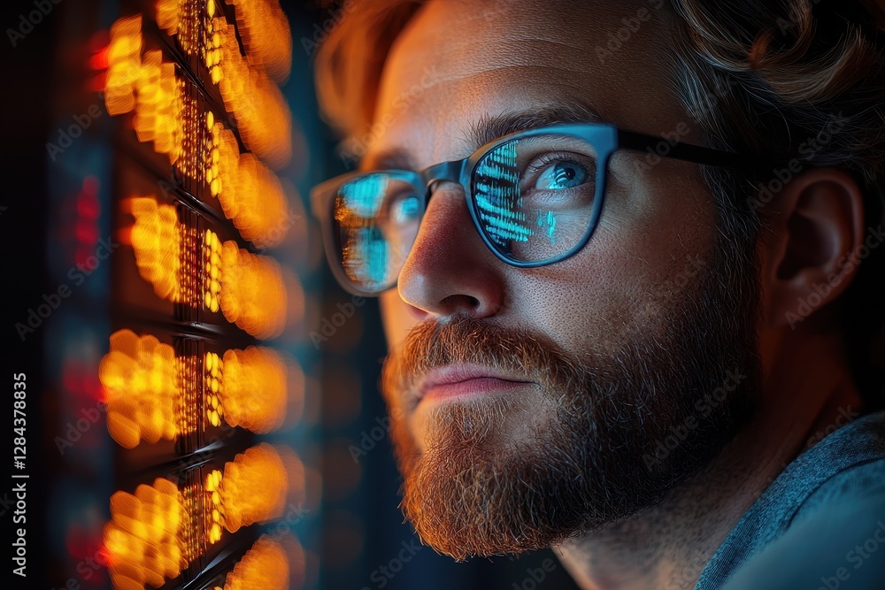 Aufkleber tech-savvy individual gazing thoughtfully at illuminated data servers in a modern server room during