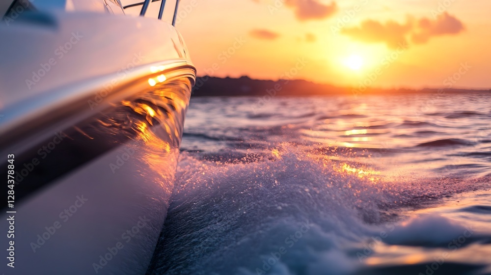 Poster stunning sunset view of a boat slicing through the waves with golden sunlight reflection : generativ