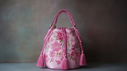Pink floral embroidered handbag
