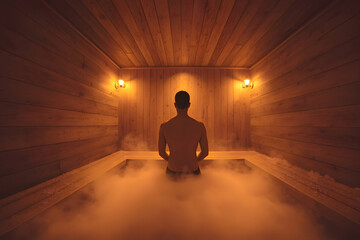 Man Meditating in Symmetrical, Steamy, Wood Sauna