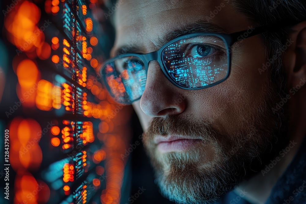 Poster close-up of a man with glasses focusing on glowing data patterns in a dark environment at night