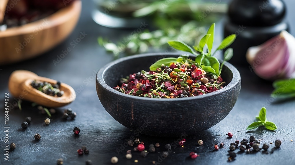 Poster Close up view of a rich blend of colorful dried herbs and spices in a rustic bowl : Generative AI