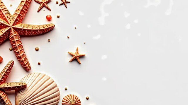 Three orange stars are on a white background. There are also some shells in the background. The stars are arranged in a row