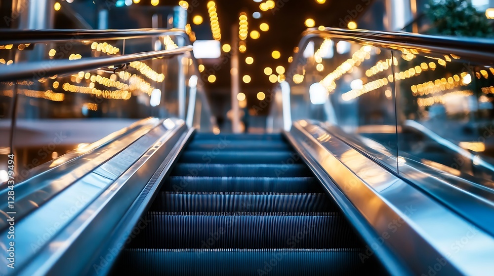 Poster Elegant view of illuminated escalator leading into a modern shopping center with bokeh lights : Generative AI
