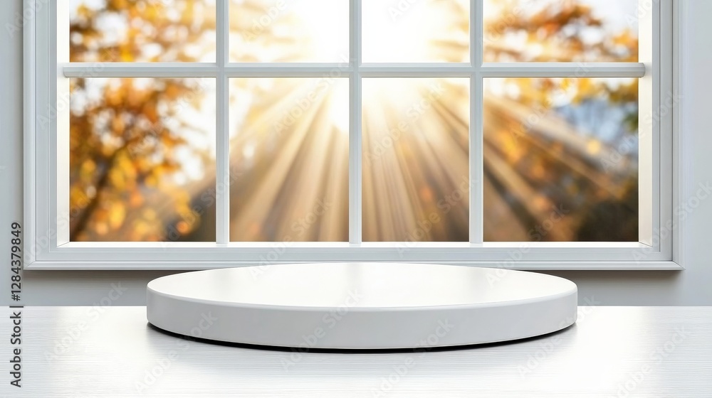 Aufkleber bright window view with circular display platform and autumn background