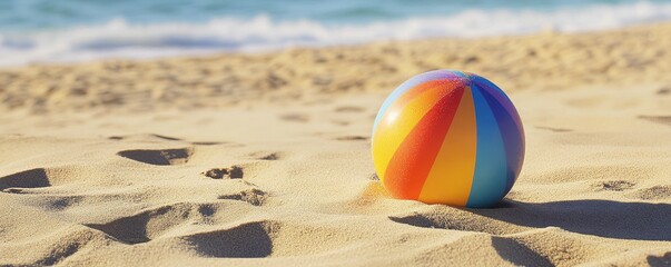Colorful beach ball on sandy shore with ocean waves in background