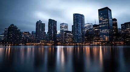 Fototapeta premium Urban Cityscape at Night with Brightly Lit Skyscrapers Reflecting on Water : Generative AI