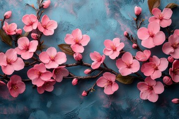 Cherry blossom branch with pink flowers and green leaves against a textured blue background, showcasing spring beauty and tranquility