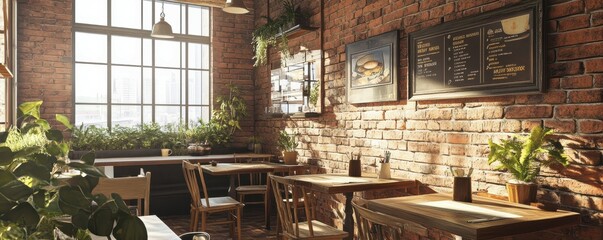 Fototapeta premium Cozy sunlit brick-walled cafe interior with wooden furniture and green plants by large windows