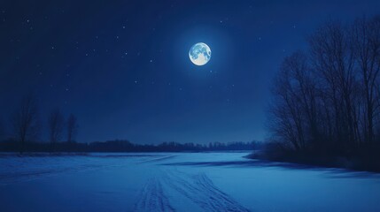 Serene winter night landscape under moonlit sky with snow and trees