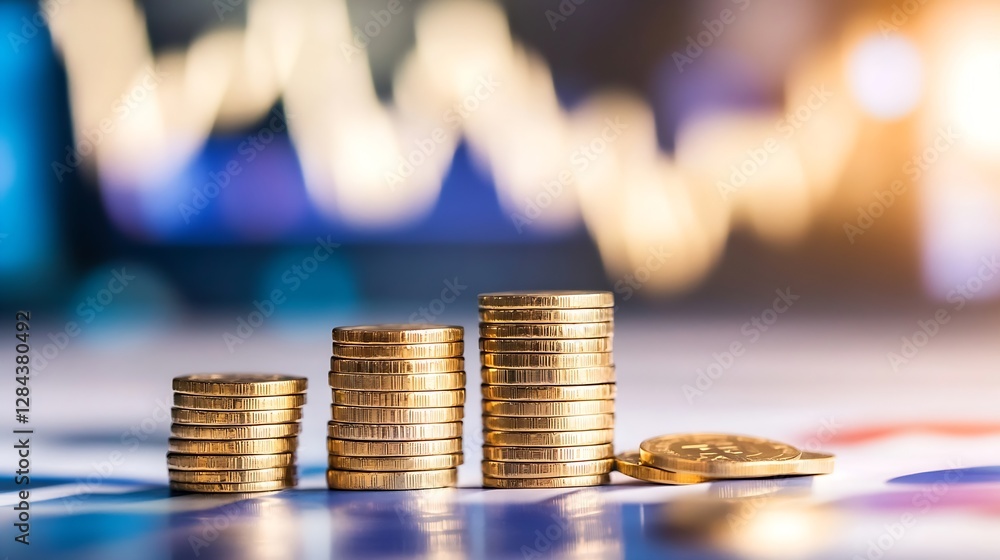 Leinwandbilder stacks of golden coins in ascending order representing financial growth on a blurred background : ge