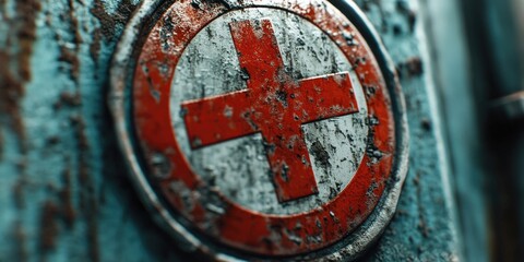 An old dirty vehicle with a cross symbol. The cross is worn and rusted, indicating the age and history of this machine.