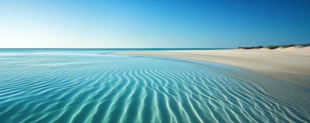 Serene beach with crystal clear blue water and gentle sand ripples under clear sky