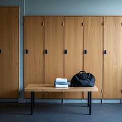 A gym locker room with neatly arranged wooden lockers, fresh towels, and a fitness bag resting on a bench.